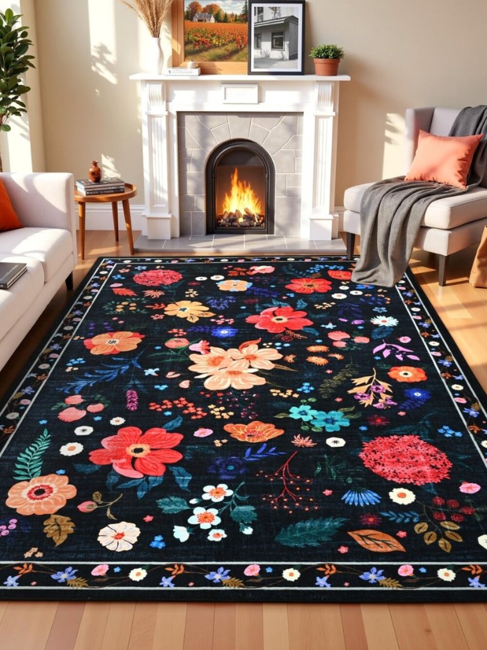 Floral Large Area Rug for Living Room, 5x7 Black Washable Rug Boho Ultra-Thin